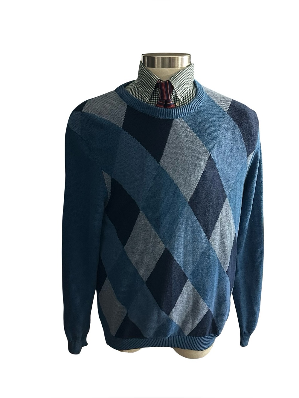 Lyle & Scott Argyle Crewneck Blue Combed Cotton Knit Pullover Sweater Sz L